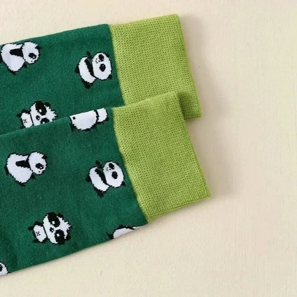 Multicolor green olive panda bear print fun crew socks for men unisex women boot